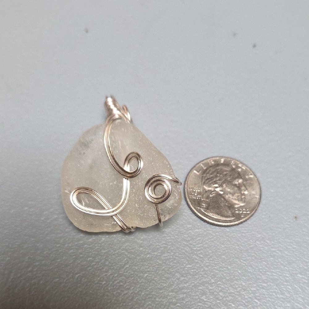 Sea Glass Pendant Necklace in Clear with Silver Wire Wrap - Picture 2 of 4